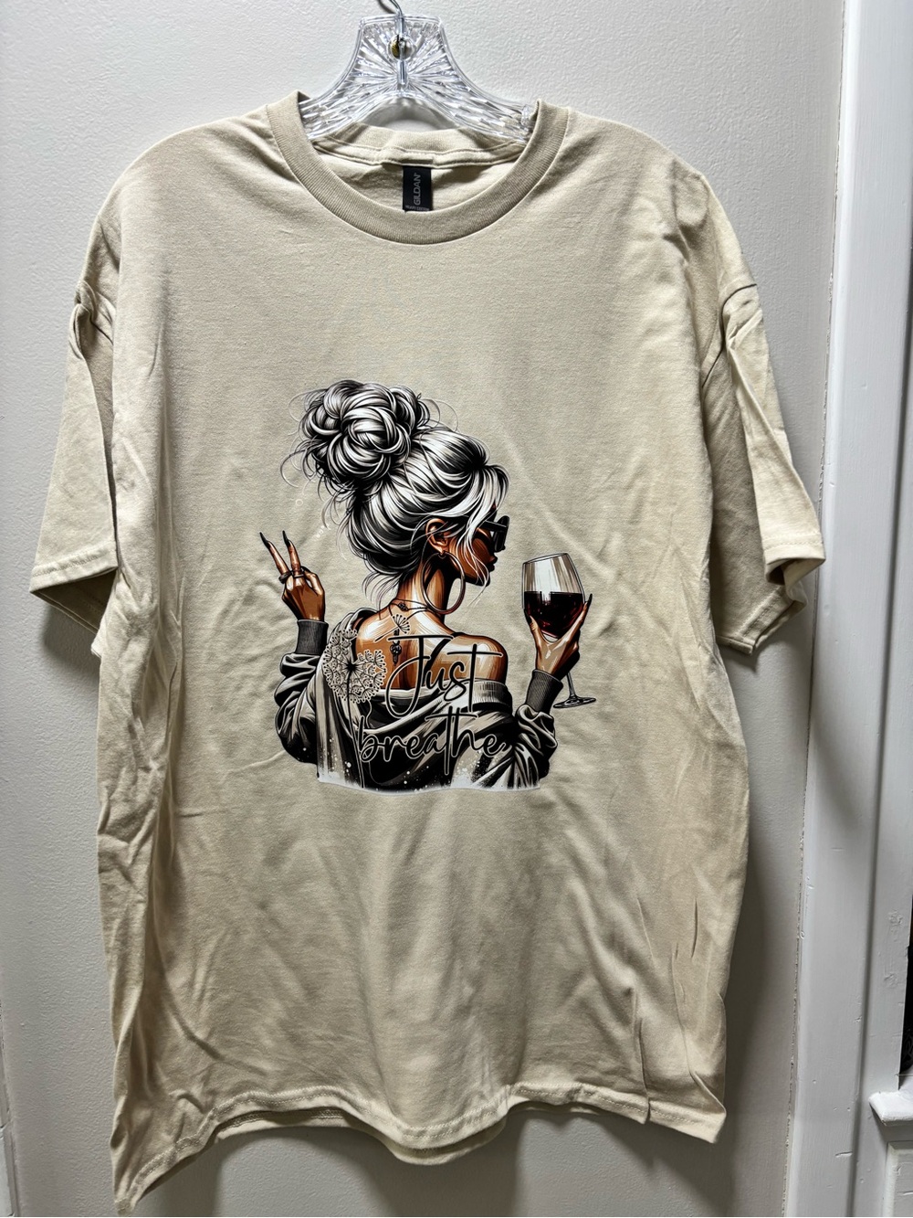 Woman’s XL DTF Transfer “Just Breathe” Graphic Black & Brown New Handmade print